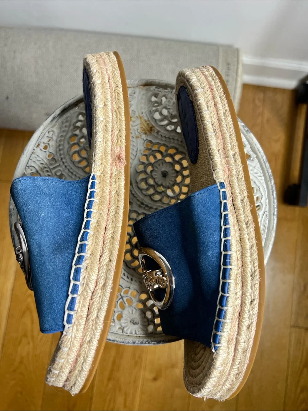 Coach Blue Suede Slide Espadrilles with Silver Horse-and-Carriage Medallions - Picture 4 of 6